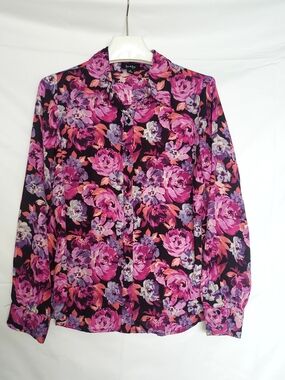 by & by Black Button-Down Floral Blouse with Pink and Purple Roses